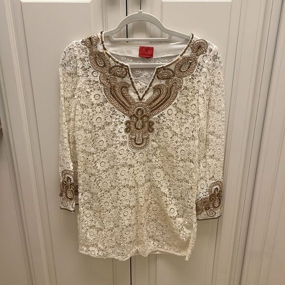 Sheer V Cristina White Lace Bathing Suit Coverup Gold Embellishments Sz S/M - Picture 2 of 7